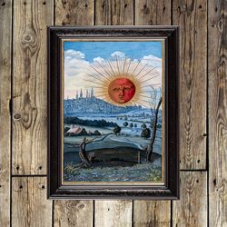 A red-faced sun rises above a city. Representing culmination of the alchemical Great Work. Alchemical home decor. 267.