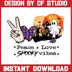 peace love spooky vibes png, halloween, ghosts, pumpkin, cute halloween, leopard peace, love, boo, instant download