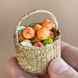 Doll miniature basket with apples for playing with dolls, dollhouse, scale 1:12
