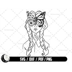 girl face with butterfly svg, woman face svg, flower svg, butterfly svg, digital download