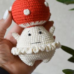 amigurumi doll crochet mushroom, little crocheted play food, fly agaric stuffed toy