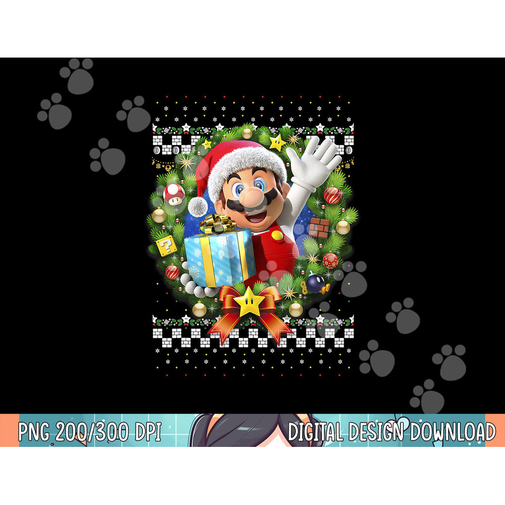 Super Mario 3D Christmas Wreath Present Graphic Short Sleeve png, sublimation.jpg