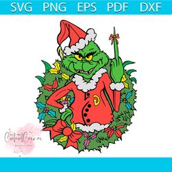 grinch christmas svg, christmas svg, green grinch svg, christmas wreath svg, red bun svg