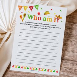 Who am I Mexican Baby Shower Game, Mexican Fiesta Baby Shower Who am I Guessing Game, Baby Shower Guess Guest Game Card