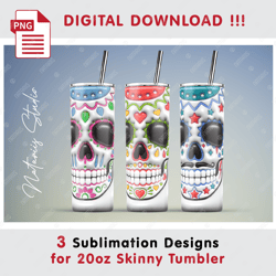 3 Funny 3D Inflated Puffy Sugar Skulls - Seamless Sublimation Patterns - 20oz SKINNY TUMBLER - Full Tumbler Wrap