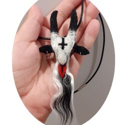 Baphomet unique necklace with woolen pendant on leather cord
