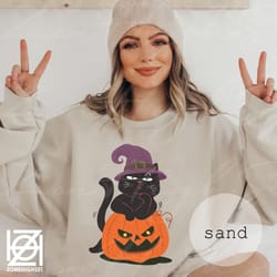 retro black cat on pumpkin sweatshirt, halloween shirt for fall black cat halloween iprintasty halloween witches pumpkin