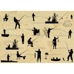 digital svg png jpg fishermen, fishing, hook, rod, lure, hat, silhouette, clipart, vector, instant download