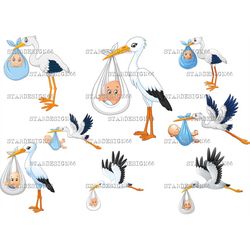 digital eps png jpg stork carrying baby, vector, clipart, template, instant download