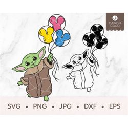 baby yoda balloons svg, mandalorian yoda svg, yoda floating balloons svg, svg png jpg dxf eps cricut silhouette cutting