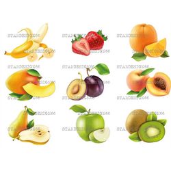 digital eps png jpg fruits, banana, strawberry, orange, apricot, prune, peach, pear, apple, kiwi, vector, clipart, insta