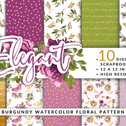 Elegant Burgundy Watercolor Floral Pattern Digital Paper