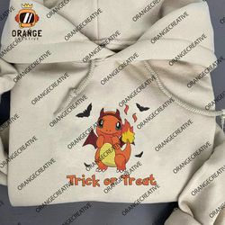 Trick Or Treat Charmander Halloween Embroidered Crewneck, Pokemon Sweatshirt, Embroidered Hoodie, Halloween season