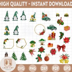 Christmas Gnome Bundle Clipart PNG, Christmas PNG, Holly Snowman, Santa Pudding Gnome,s hand drawn, watercolor instant