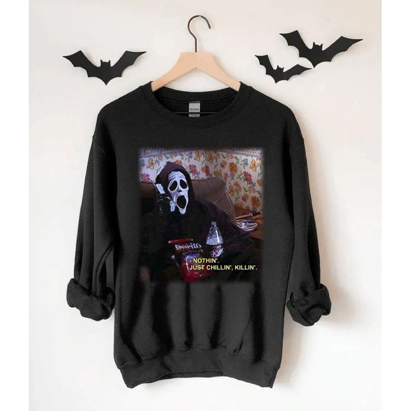 Nothin' Chillin Killin Vintage Sweatshirt, Let's Watch Scary Movies Sweatshirt, Ghostface Sweatshirt, Horror Halloween Shirt, Scream Movie - 1.jpg