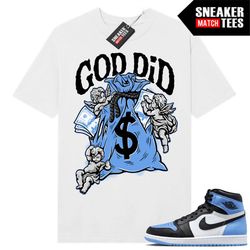 university blue 1s to match sneaker match tees white 'god did money bag'