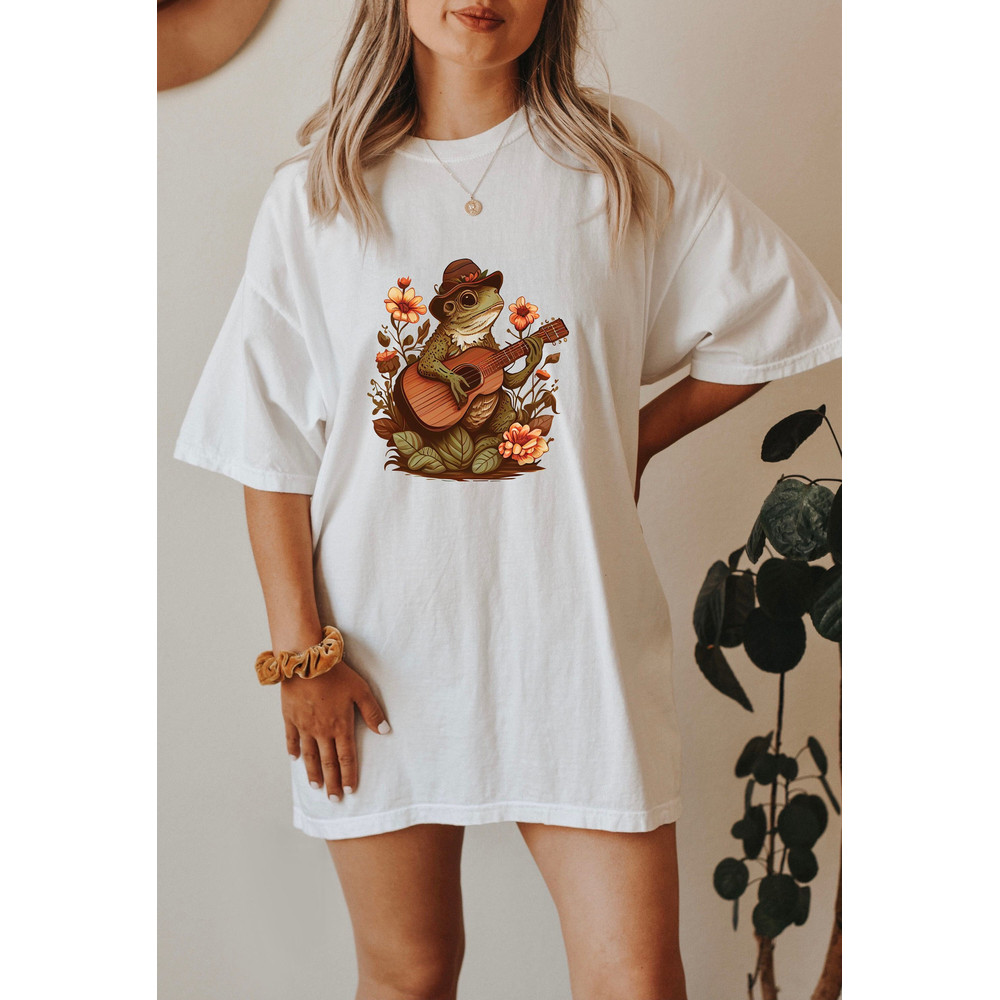 Frog Playing Guitar Tshirt, Floral Graphic Tee, Frog with Hat Sweatshirt, Animals Playing Music Shirts, Cottagecore Tops, Forestcore Tshirts - 1.jpg
