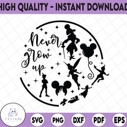 round peter pan never grow up disney svg, disney mickey and minnie svg,quotes files, svg file, disney png file, cricut