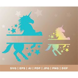 unicorn monogram split letter svg, unicorn split name silhouette, unicorn rainbow dxf, png, svg, ai, cut file for cricut
