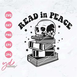read in peace svg png | book piles with skull svg | bookworm svg | book lover svg | skull svg | books svg |halloween flo