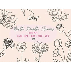 birth month flower svg bundle, wildflower svg, hand drawn flower, flower tattoo design, poppy svg, rose svg, daffodil sv
