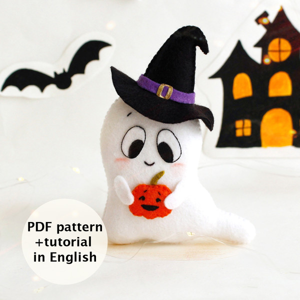 Felt toy - ghost in pointed hat with orange Halloween pumpkin