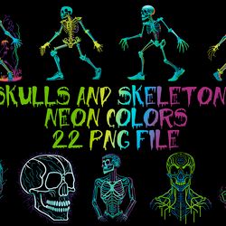 neon skeletons and skulls 22 png files digital download sublimation