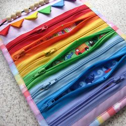 Rainbow  Zippers Toy, Toddler Play Mat,  Fidget Blanket, Sensory Travel Toy