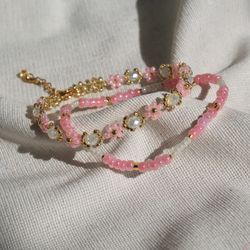 Pink and moonlight bracelets Cute jewelry Flower bracelets set Gift for her Aesthetic jewels Dainty bracelets for women