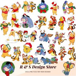 christmas, yellow bear, jumping tigger, blue donkey, pink piglet, xmas, svg, png.