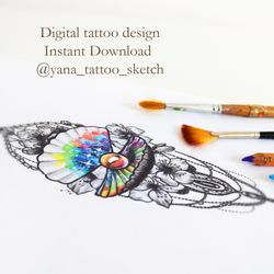 Shell Tattoo Design With Flowers Seashell Tattoo Sketch, Instant download JPG, PNG