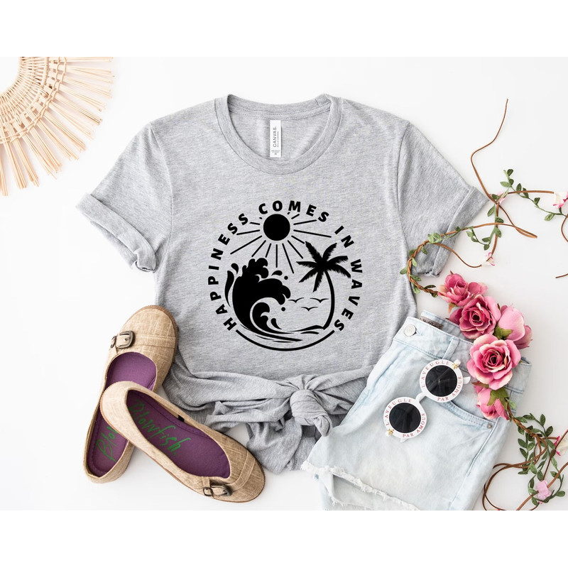 Happiness Comes In Waves shirt, Waves Shirt, Summer Vacation Shirt, Sand Beach Sea Shirt, 2023 Custom Summer Shirt, Friends Summer Tee, - 3.jpg