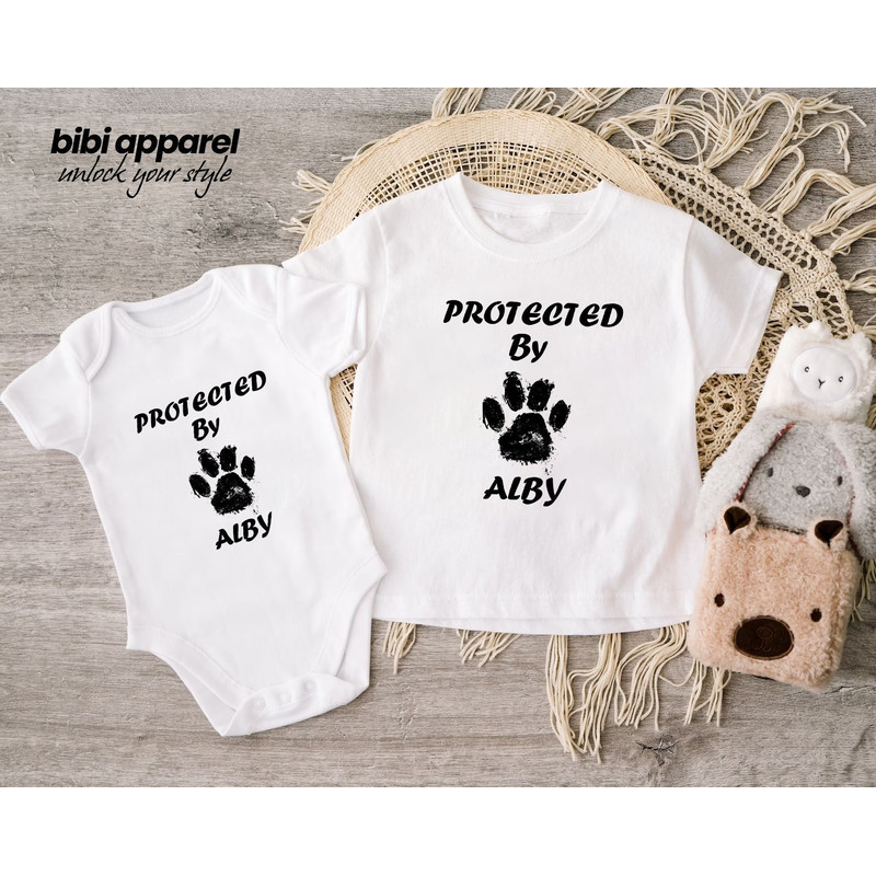 Protected by Dog Onesie®, Newborn Outfit, Custom Baby Shower Gift, Cute Sibling Bodysuit - 1.jpg