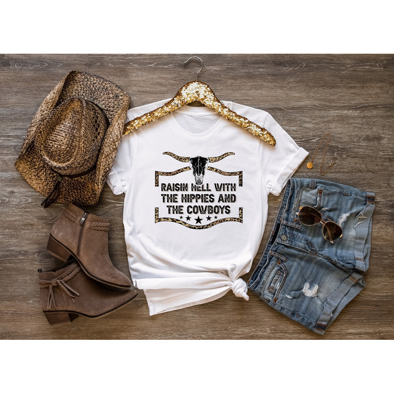Raisin Hell with Hippies and Cowboys shirt, hippie shirt, girl power shirt, cowgirl shirt, cowboy shirt, boho shirt, rodeo shirt, Howdy - 1.jpg