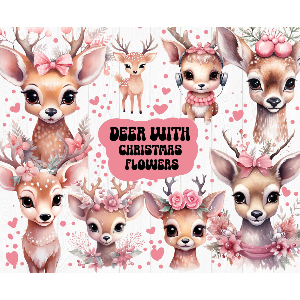cute pink Watercolor Christmas Deer clipart, PNG files, Deer with wreath, xmas deer - 1.jpg