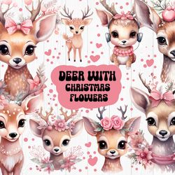 cute pink watercolor christmas deer clipart,  png files, deer with wreath, xmas deer