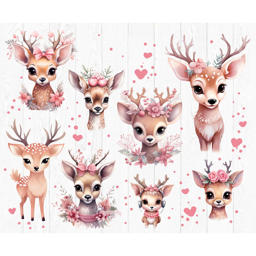 cute pink Watercolor Christmas Deer clipart, PNG files, Deer with wreath, xmas deer - 2.jpg