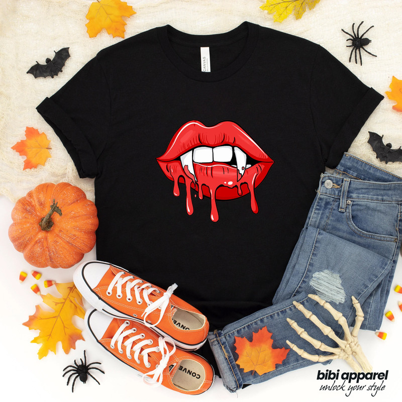 Vampire Lips Bite Teeth, Vampire Blood Dripping Shirts, Red Lips, Sexy Vampire Shirts for Her, Sexy Halloween Tees, Cute Halloween Shirts - 1.jpg