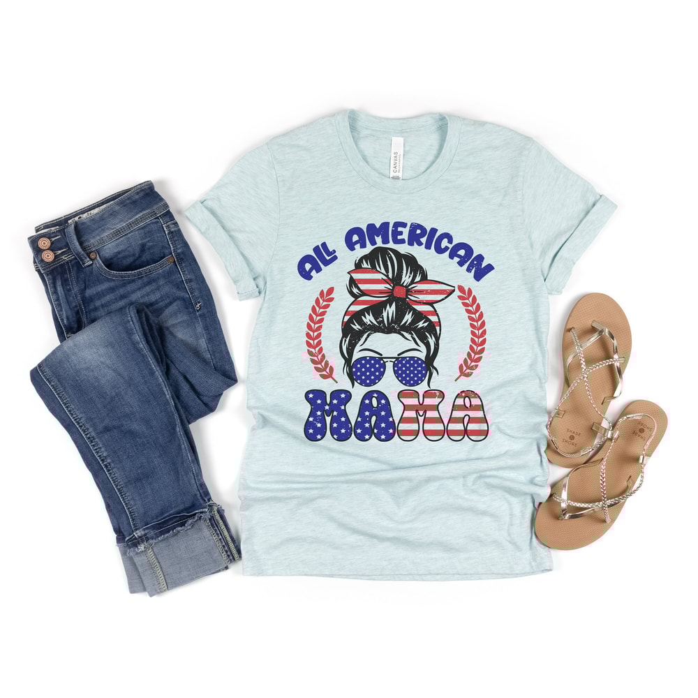 All American Mama Graphic Tee 4th of July Mom Messy Bun Family Tshirt Independence Women's Freedom Shirt Mommy & Me USA Flag Red White Blue - 6.jpg
