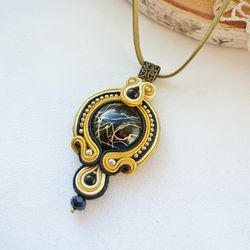 Gold and Black Soutache necklace, Boho Ethnic Embroidered Mandala necklace, Long necklace, Handmade Designer necklace