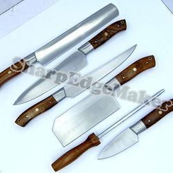 Knives Custom Handmade D-2 Steel Splendid Kitchen Set Knives Lots of 6 Including sharpener, kitchen knives, outdoor