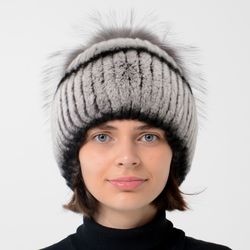 Women's Winter Fur Hat Made Of Real Rabbit Fur And Rex Fur Loop Appliques And Silver Fox For Lady