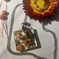 Village necklace,field grass,poppy and linen heads pendant,unique handmade jewellery gift for her