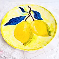 Plate Lemon Original Art Decorativ Plate Painting Citrus Fruit Room Decor Art Kitchen Artwork