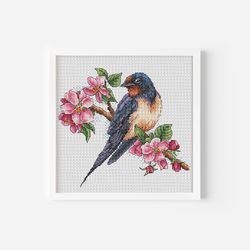 Swallow Cross Stitch Pattern PDF, Bird Counted Cross Stitch Instant Download, Martlet Embroidery, Cute Bird Decor Design