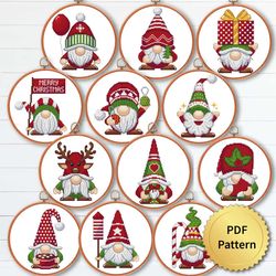 SET of 12 Funny Christmas Gnome Cross Stitch Pattern, Easy Cute Gnome Ornaments Embroidery, Counted Cross Stitch Chart