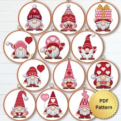 SET of 12 Funny Love Gnome Cross Stitch Pattern, Easy Cute Gnome Valentine's Day Ornaments Embroidery, Counted Chart