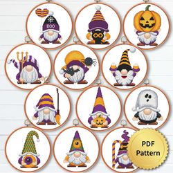 SET of 12 Halloween Gnome Cross Stitch Pattern