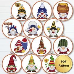 SET of 12 Summer Gnome Cross Stitch Pattern