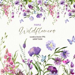 Watercolor purple wildflowers seamless border, Botanical  floral clipart Digital download PNG